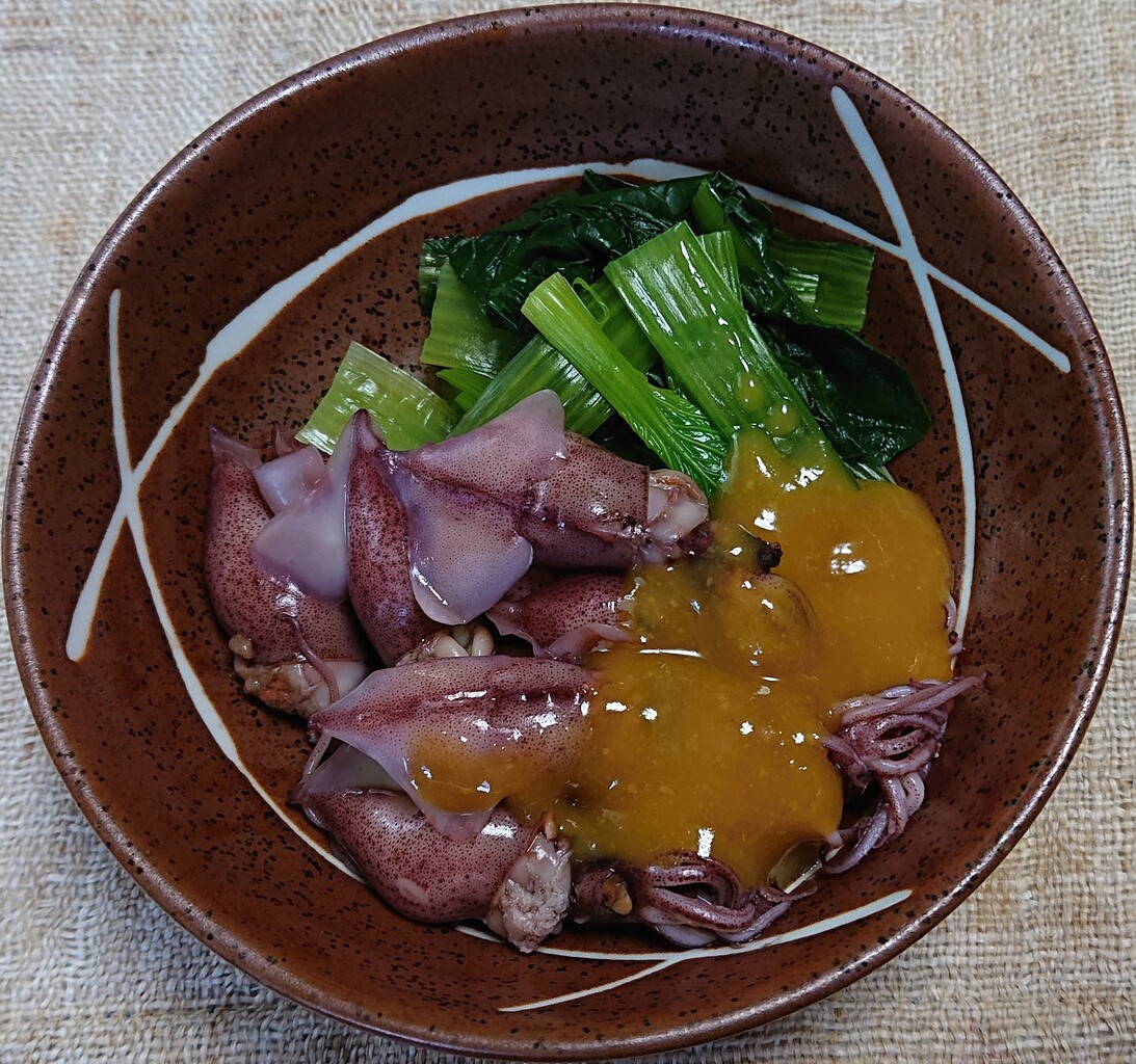 ホタルイカと小松菜のからし酢味噌掛け ぶつぶつもぐもぐ 日々の食生活とか云々 ホタルイカと小松菜のからし酢味噌掛け ぶつぶつもぐもぐ 日々の食生活とか云々