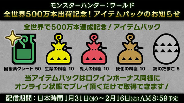 Mhw 全世界500万本出荷記念 期間限定でアイテムパック配信中 2月16日まで モンスターハンターワールド ゲームれぼりゅー速報