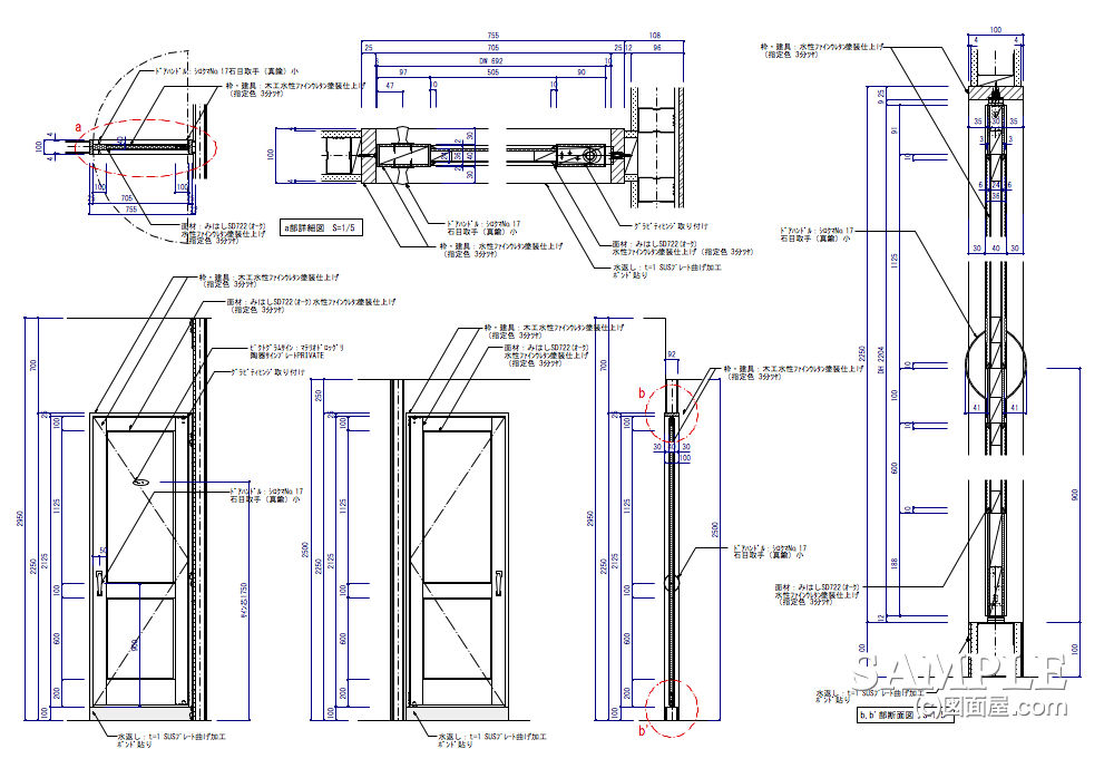 木製建具 面材のスイングドアの図面事例 0513