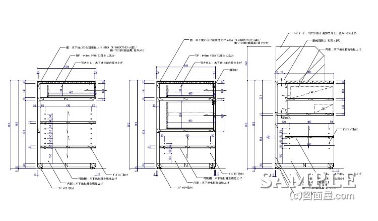 ガラス天板のレジカウンターの姿図と断面図